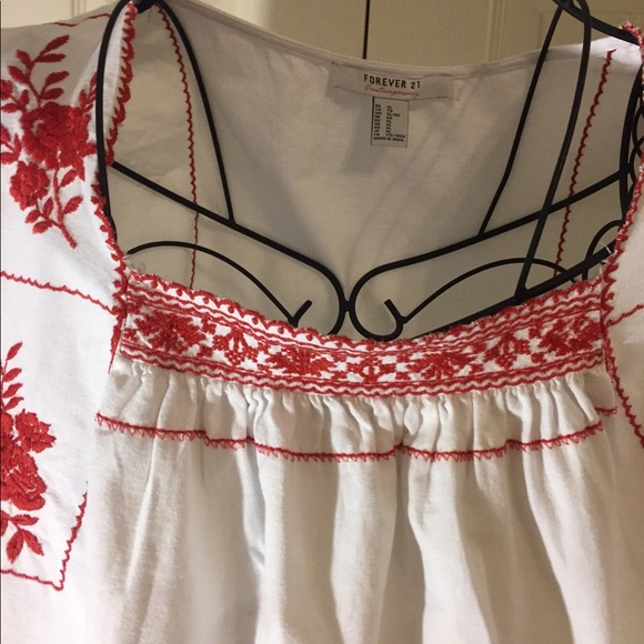 FOREVER21 White with red embroidered accent top - Picture 3 of 8